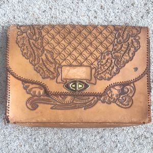 Vintage leather clutch Mexican embroider bag purse